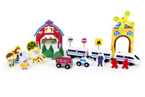 DREWNIANA KOLEJKA TOR POCIĄG NA BATERIE FARMA 53 ELEMENTY ECOTOYS