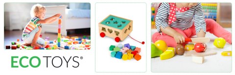 DREWNIANY WÓZEK SORTER Z KLOCKAMI KOSTKA EDUKACYJNA DLA DZIECI ECOTOYS