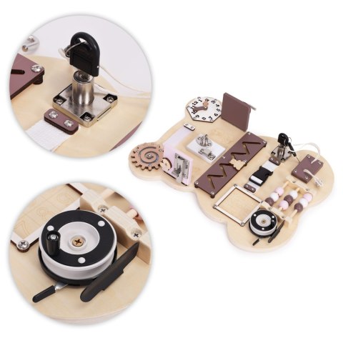 DREWNIANA TABLICA MANIPULACYJNA SENSORYCZNA DLA DZIECI PANEL EDUKACYJNY MIŚ 12 ELEMENTÓW ECOTOYS