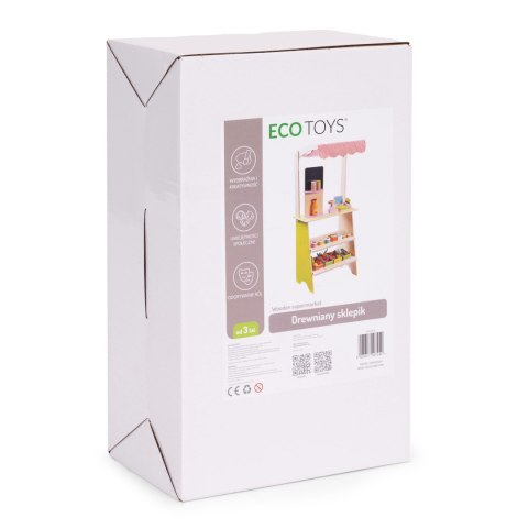 DUŻY DREWNIANY STRAGAN DLA DZIECI SKLEP Z TERMINALEM I WAGĄ OWOCE WARZYWA 20 ELEMENTÓW ECOTOYS