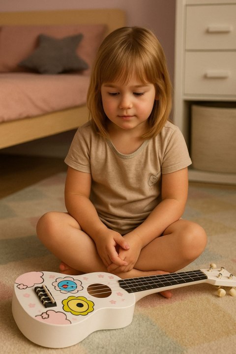 GITARA UKULELE DLA DZIECI DREWNIANA 4 STRUNY NYLONOWE KOSTKA DO GRY ECOTOYS