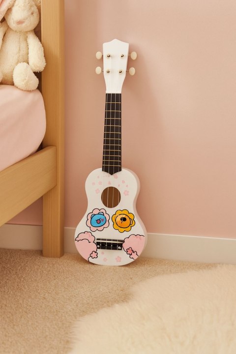 GITARA UKULELE DLA DZIECI DREWNIANA 4 STRUNY NYLONOWE KOSTKA DO GRY ECOTOYS