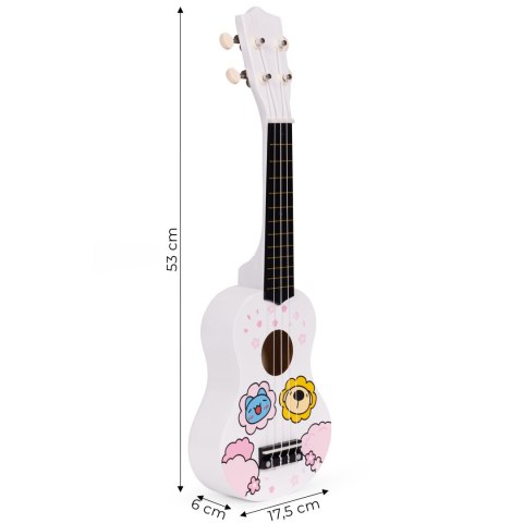 GITARA UKULELE DLA DZIECI DREWNIANA 4 STRUNY NYLONOWE KOSTKA DO GRY ECOTOYS