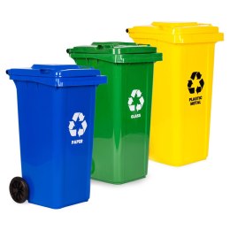 ZESTAW 3 KOSZY NA ŚMIECI POJEMNIKI 3X120L NIEBIESKI ZIELONY ŻÓŁTY MAKULATURA SZKŁO PLASTIK GUMOWE KOŁA