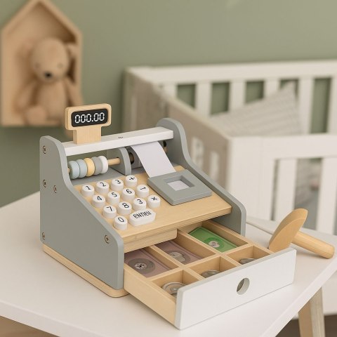 DREWNIANA KASA FISKALNA DLA DZIECI SKANER BANKNOTY MONETY KARTA ECOTOYS
