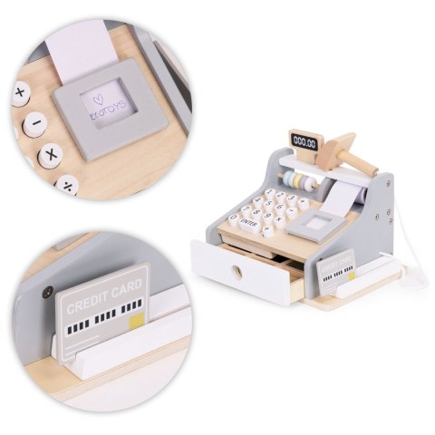 DREWNIANA KASA FISKALNA DLA DZIECI SKANER BANKNOTY MONETY KARTA ECOTOYS