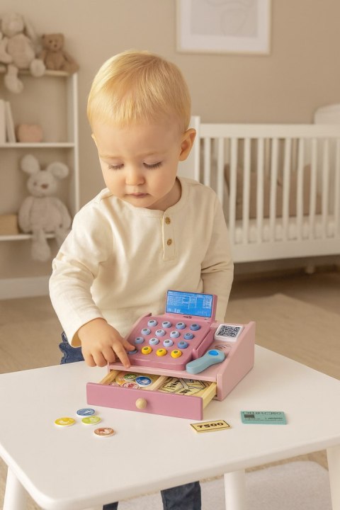 DREWNIANA KASA FISKALNA DLA DZIECI SKANER BANKNOTY MONETY KARTA