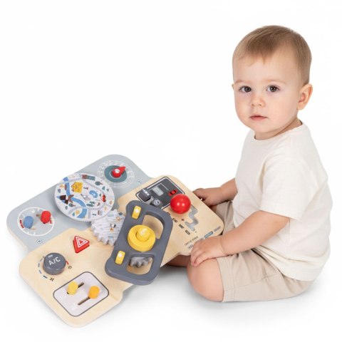 DREWNIANA TABLICA MANIPULACYJNA SENSORYCZNA DLA DZIECI PANEL EDUKACYJNY AUTO KIEROWNICA 15 ELEMENTÓW ECOTOYS