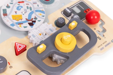 DREWNIANA TABLICA MANIPULACYJNA SENSORYCZNA DLA DZIECI PANEL EDUKACYJNY AUTO KIEROWNICA 15 ELEMENTÓW ECOTOYS