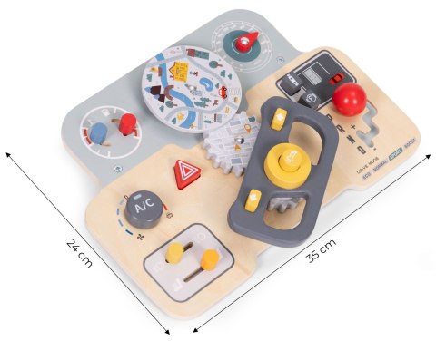 DREWNIANA TABLICA MANIPULACYJNA SENSORYCZNA DLA DZIECI PANEL EDUKACYJNY AUTO KIEROWNICA 15 ELEMENTÓW ECOTOYS