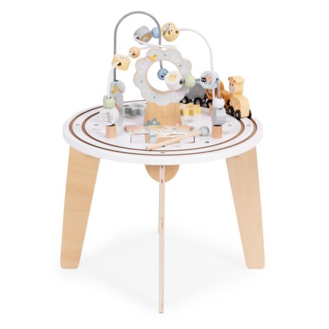 DREWNIANY STOLIK EDUKACYJNY INTERAKTYWNY DLA DZIECI 5W1 LABIRYNT MULA KOLEJKA LUSTERKO ECOTOYS