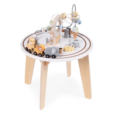 DREWNIANY STOLIK EDUKACYJNY INTERAKTYWNY DLA DZIECI 5W1 LABIRYNT MULA KOLEJKA LUSTERKO ECOTOYS