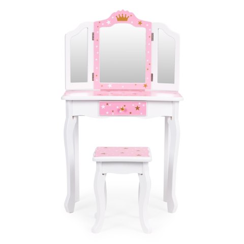 DUŻA TOALETKA ZABAWKOWA DLA DZIEWCZYNKI POTRÓJNE LUSTRO TABORET SZUFLADA ECOTOYS