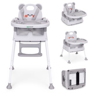 FOTELIK KRZESEŁKO DO KARMIENIA DZIECI 3W1 PODWÓJNA TACKA 5-PUNKTOWE PASY SZARY ECOTOYS