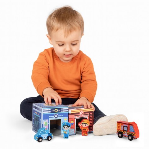 WIEŻA DO UKŁADANIA PIRAMIDA MIASTO SORTER Z FIGURKAMI I POJAZDAMI 18 ELEMENTÓW