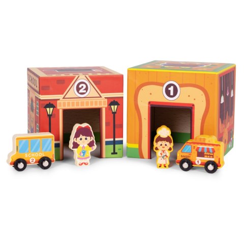 WIEŻA DO UKŁADANIA PIRAMIDA MIASTO SORTER Z FIGURKAMI I POJAZDAMI 18 ELEMENTÓW