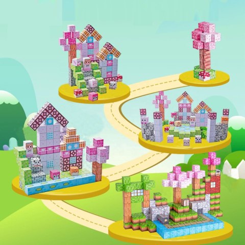 Klocki magnetyczne konstrukcyjne dla dzieci 140 elementów szcześcianny - różowe