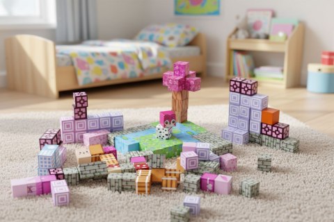 Klocki magnetyczne konstrukcyjne dla dzieci 140 elementów szcześcianny - różowe