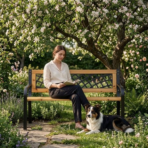 Drewniana ławka ogrodowa z ażurowym oparciem 118x52 cm parkowa MultiGarden