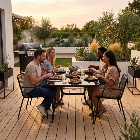 Stół ogrodowy 140x80 cm szkło hartowane otwór na parasol czarny MultiGarden