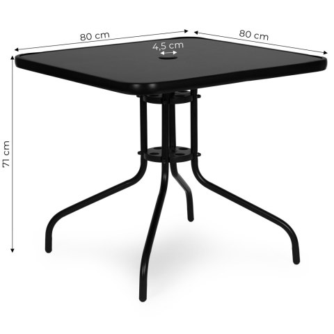 Stolik ogrodowy kwadratowy 80 cm szkło hartowane otwór na parasol czarny MultiGarden