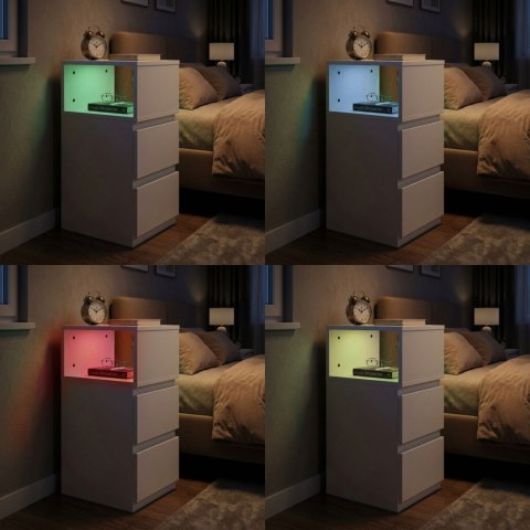 Szafka nocna z oświetleniem LED stolik do sypialni 2 szuflady biała ModernHome