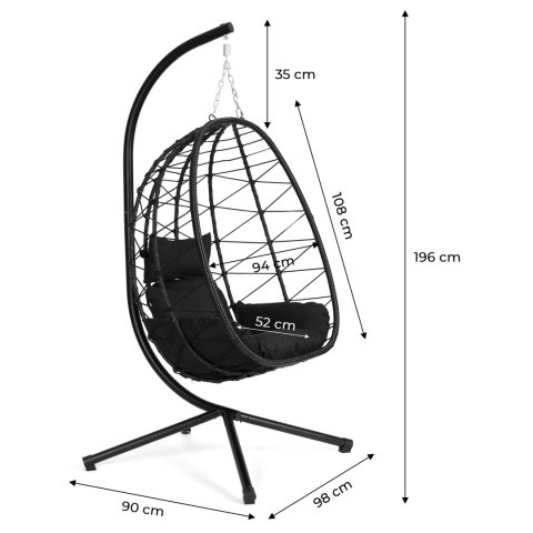 Fotel kokon wiszący wolnostojący bujany ogrodowy do 120 kg poduszki czarny MultiGarden