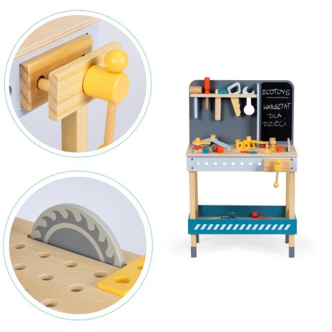 ZABAWKOWY DREWNIANY WARSZTAT Z NARZĘDZIAMI - 47 EL. ECOTOYS