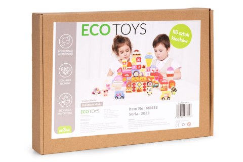 DREWNIANE KLOCKI EDUKACYJNE ZESTAW - CUKIERKOWE MIASTO 116 EL. ECOTOYS