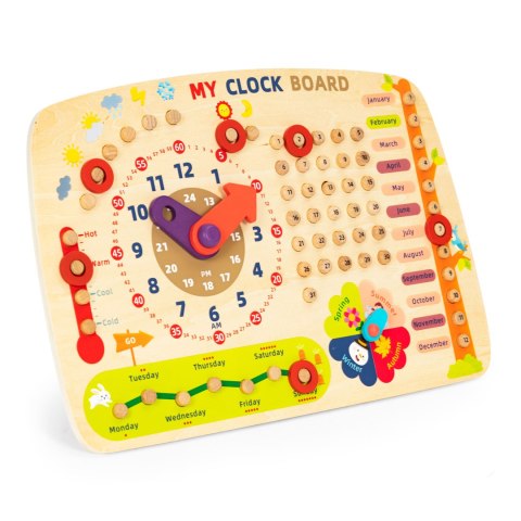 DREWNIANA TABLICA MANIPULACYJNA DLA DZIECI KALENDARZ ZEGAR ECOTOYS
