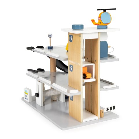 DUŻY DREWNIANY GARAŻ PARKING Z WINDĄ + AUTKA HELIKOPTER MYJNIA ECOTOYS