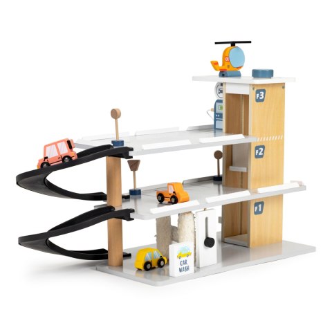 DUŻY DREWNIANY GARAŻ PARKING Z WINDĄ + AUTKA HELIKOPTER MYJNIA ECOTOYS