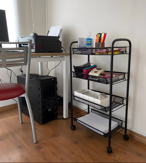 METALOWY REGAŁ MOBLINY ŁAZIENKOWY Z 4 PÓŁKAMI KÓŁKA CZARNY MODERNHOME