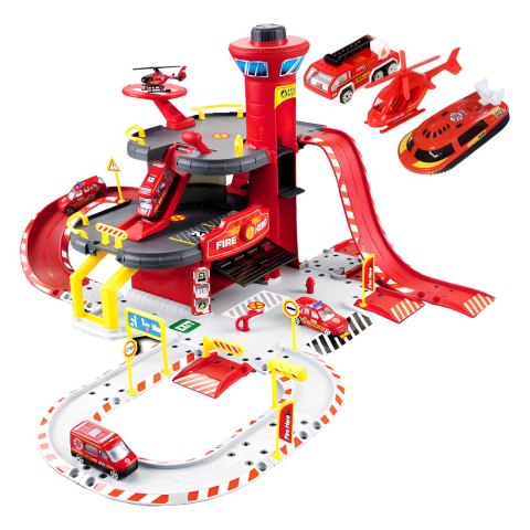 GARAŻ SAMOCHODOWY STRAŻ POŻARNA 3 POZIOMY Z WINDĄ AUTKA + HELIKOPTER 74 ELEMENTY