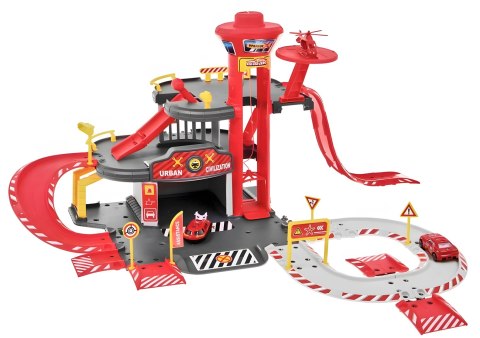 GARAŻ SAMOCHODOWY STRAŻ POŻARNA 3 POZIOMY Z WINDĄ AUTKA + HELIKOPTER 74 ELEMENTY