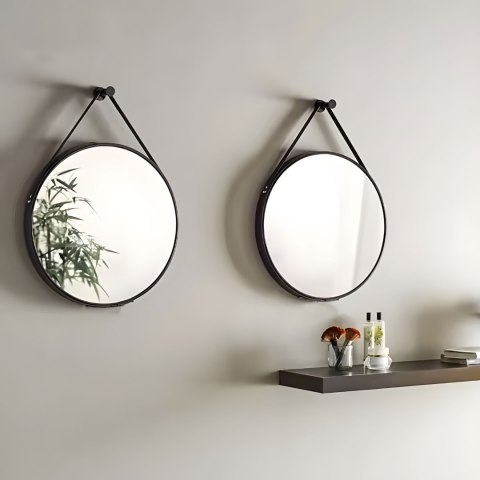 OKRĄGŁE LUSTRO ŚCIENNE 60 CM WISZĄCE NA PASKU NOWOCZESNE CZARNA RAMA MODERNHOME