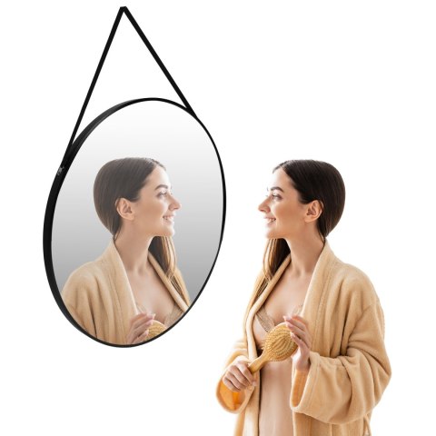 OKRĄGŁE LUSTRO ŚCIENNE 80 CM WISZĄCE NA PASKU NOWOCZESNE CZARNA RAMA MODERNHOME
