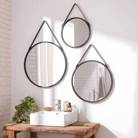 OKRĄGŁE LUSTRO ŚCIENNE 80 CM WISZĄCE NA PASKU NOWOCZESNE CZARNA RAMA MODERNHOME