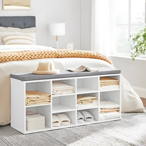 SZAFKA NA BUTY Z SZARĄ PODUSZKĄ 10 PÓŁEK BIAŁA MODERNHOME