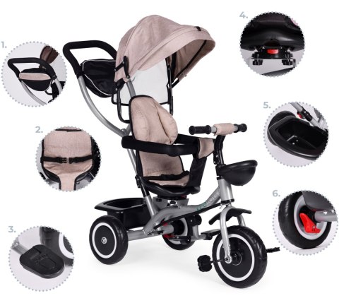 TRÓJKOŁOWY ROWEREK SPACERÓWKA 2W1 OBRACANE SIEDZISKO SKŁADANY DASZEK BEŻOWY ECOTOYS