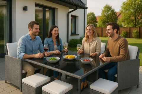 KOMPLET MEBLI OGRODOWYCH Z TECHNORATTANU 4 FOTELE 4 PUFY STOLIK MULTIGARDEN