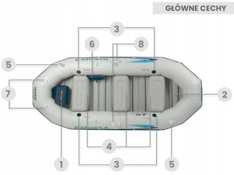 PONTON DMUCHANY MARINER 4 DLA 4 OSÓB WIOSŁA POMPKA UCHWYTY NA WĘDKĘ I SILNIK INTEX 68376