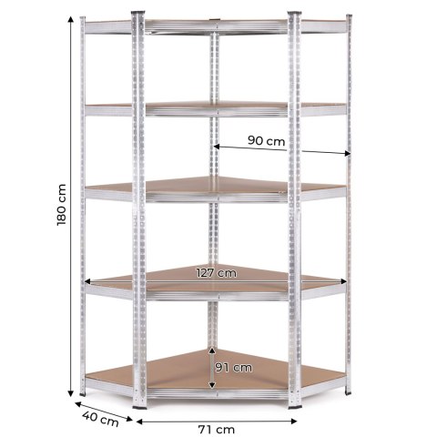 REGAŁ MAGAZYNOWY NAROŻNY 180X90X40 CM STAL GALWANIZOWANA 5 PÓŁEK 875 KG MODERNHOME