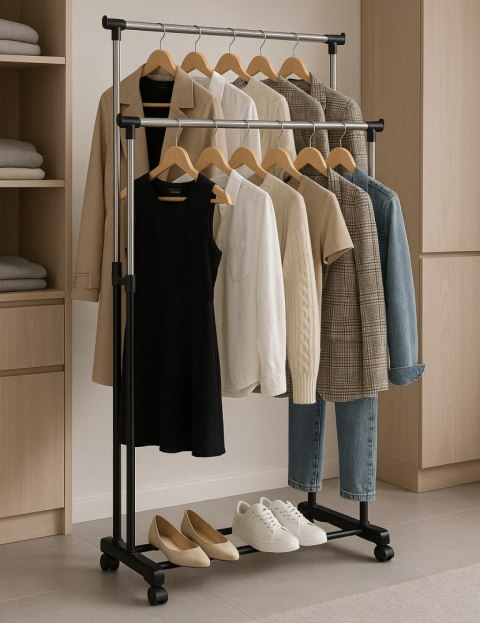 UNIWERSALNY PODWÓJNY WIESZAK STOJĄCY NA UBRANIA Z REGULACJĄ WYSOKOŚCI KÓŁKA 2 DRĄŻKI MODERNHOME